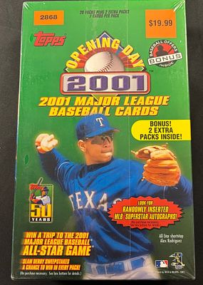 2001 Topps Opening Day Baseball 22-Pack Blaster Box. This factory-sealed retail blaster box of 