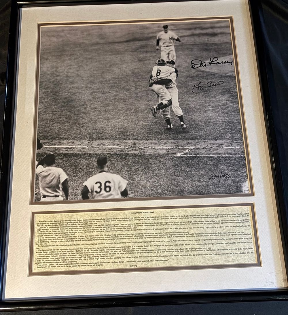 Lot 90: Don Larsen and Yogi Berra Signed 1956 World Series Perfect Game Framed Photo Display