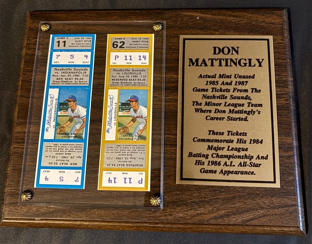 Lot 97: Don Mattingly Nashville Sounds Commemorative Plaque 1985 MVP Vintage Minor League Baseball Tickets