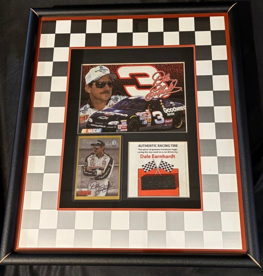 Lot 107: Dale Earnhardt American Stamp Collectibles Limited Edition Framed Race-Used Tire Display