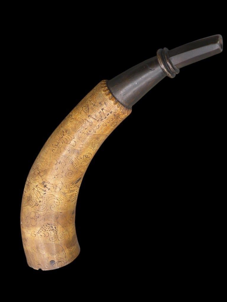 Lot 140A: Amazing French and Indian War powder horn with campfire doodled design