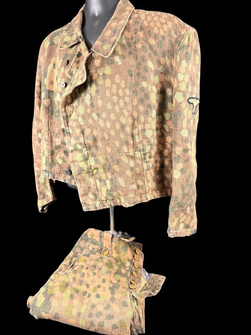 Lot 315: WWII German Waffen-SS Dot 44 Camouflage Uniform Set Erbsenmuster ? Tunic and Trousers
