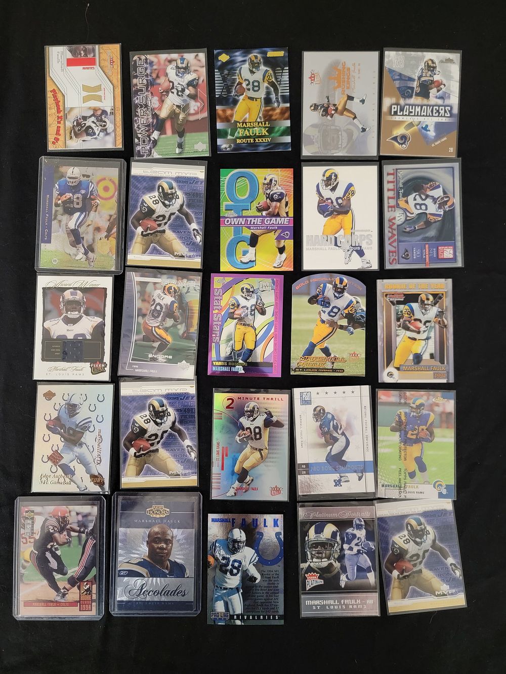 Lot 392: 25 Marshall Faulk Football Trading Cards Including Rookie Cards and Game-Used Relics