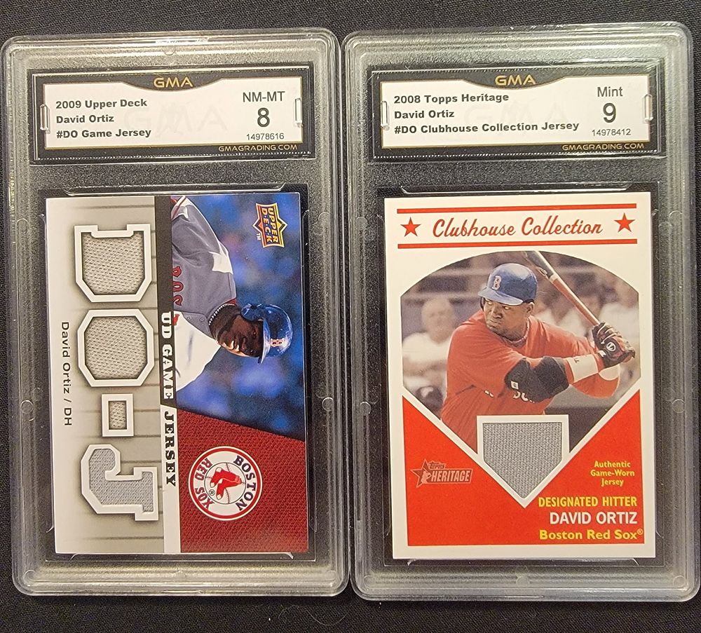 Lot 397: A Pair of GMA Graded David Ortiz Game-Used Jersey Cards 2008 Topps Heritage and 2009 Upper Deck