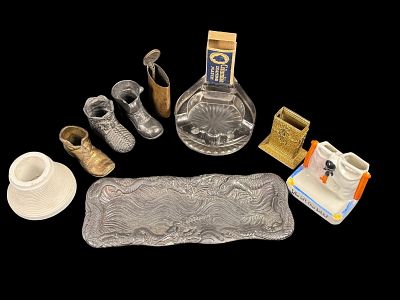 An Assortment of Vintage Smoking Accessories and Decorative Miniatures Including Dragon Motif Tray. 