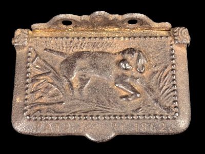 Victorian Cast Iron Wall-Mounted Match Holder with Hunting Dog Relief, Patent Dated 1862. This 