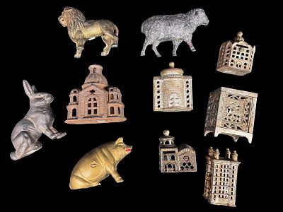 Ten Antique and Vintage Still Banks in Animal and Architectural Forms. This collection consists 