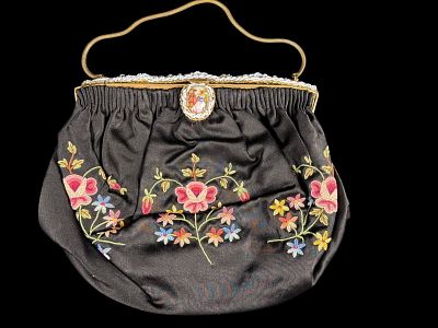 Vintage French Embroidered Black Silk Evening Bag with Beaded Frame and Porcelain Plaques. A 