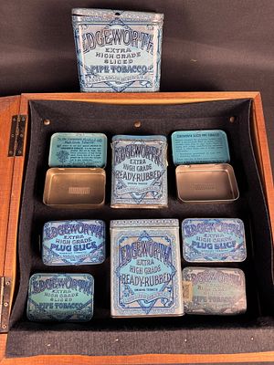 Vintage Edgeworth Extra High Grade Tobacco Tins in Wooden Display Case. This lot features a 
