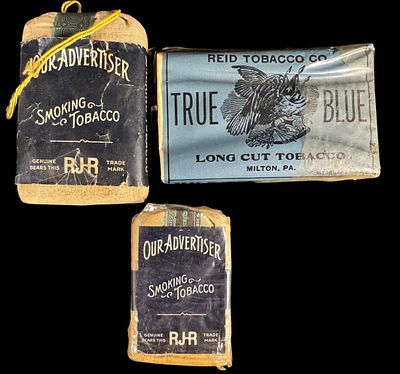A Trio of Vintage Our Advertiser and True Blue Tobacco Packages. This collection consists of 