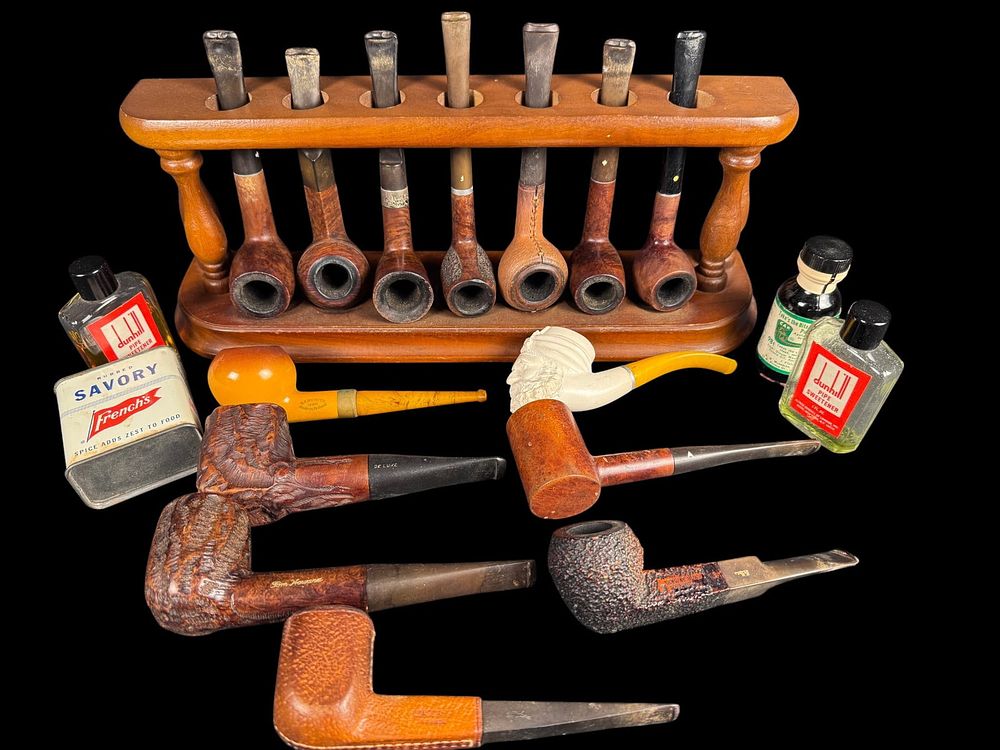 Lot 34: Estate Collection of Fourteen Smoking Pipes with Wooden Rack and Dunhill Accessories
