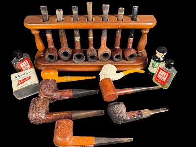 Estate Collection of Fourteen Smoking Pipes with Wooden Rack and Dunhill Accessories. Estate 