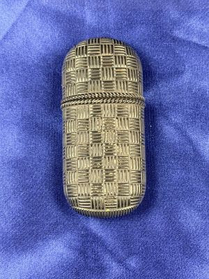 Vintage Engine-Turned Basketweave Pattern Silver-Tone Accessory Case. This vintage two-piece 