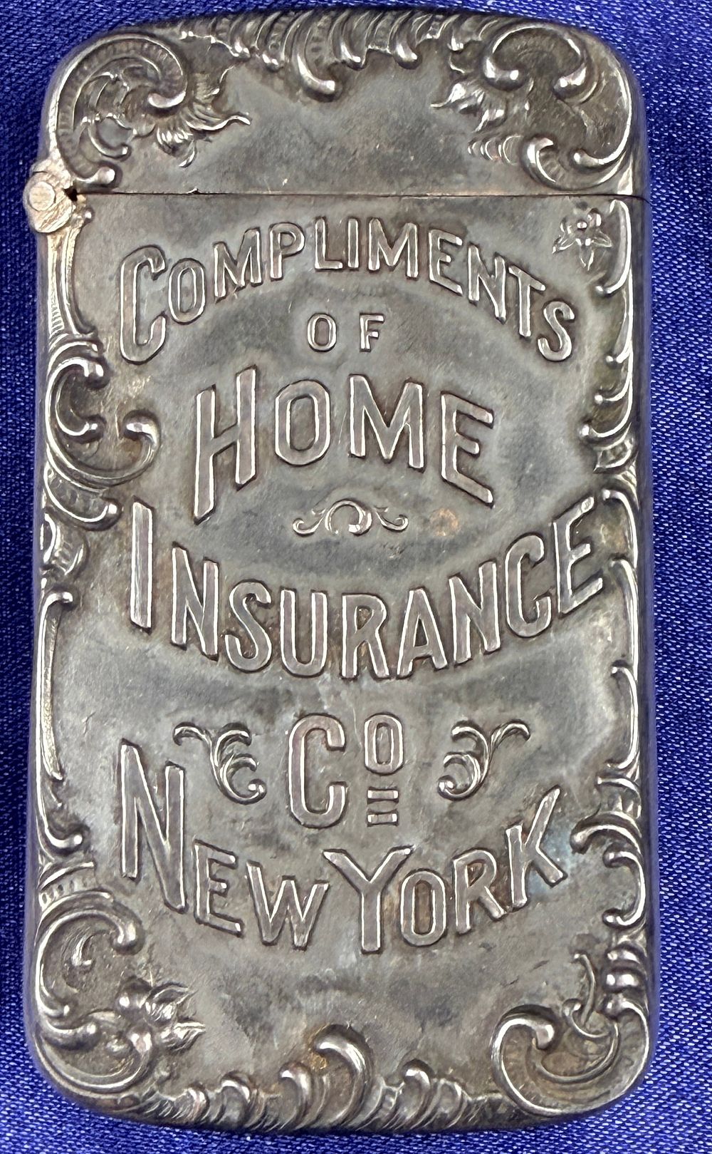 Lot 67: Late 19th-Century American Sterling Silver Advertising Match Safe for Home Insurance Co. of New York