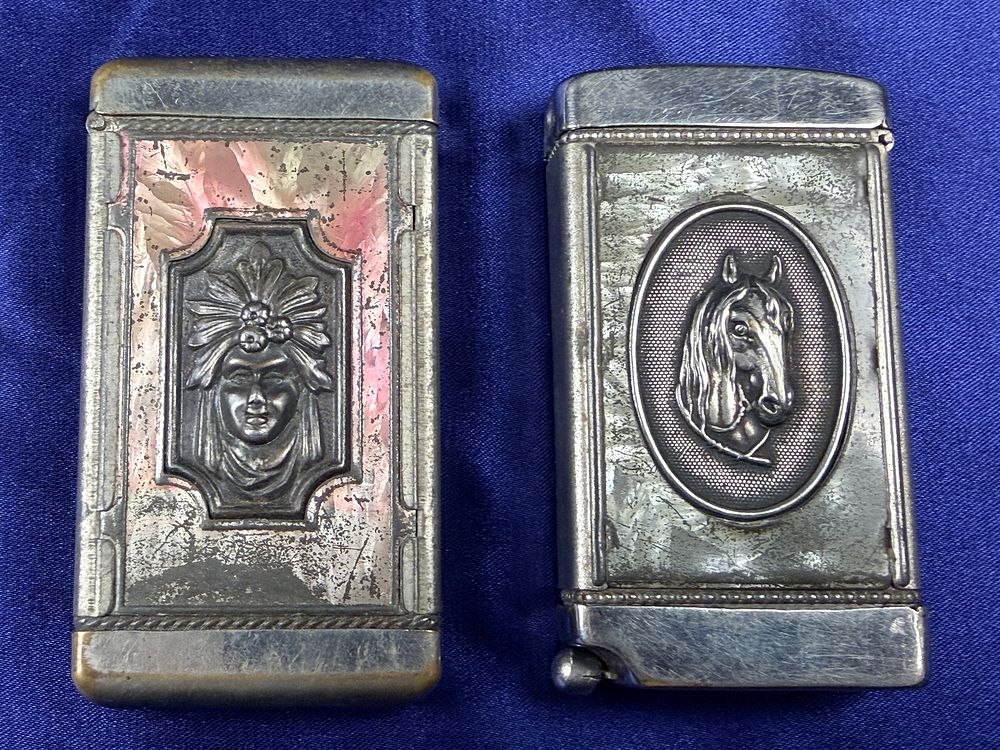 Lot 68: A Trio of Antique Nickel-Plated and Celluloid Advertising and Figural Match Safes