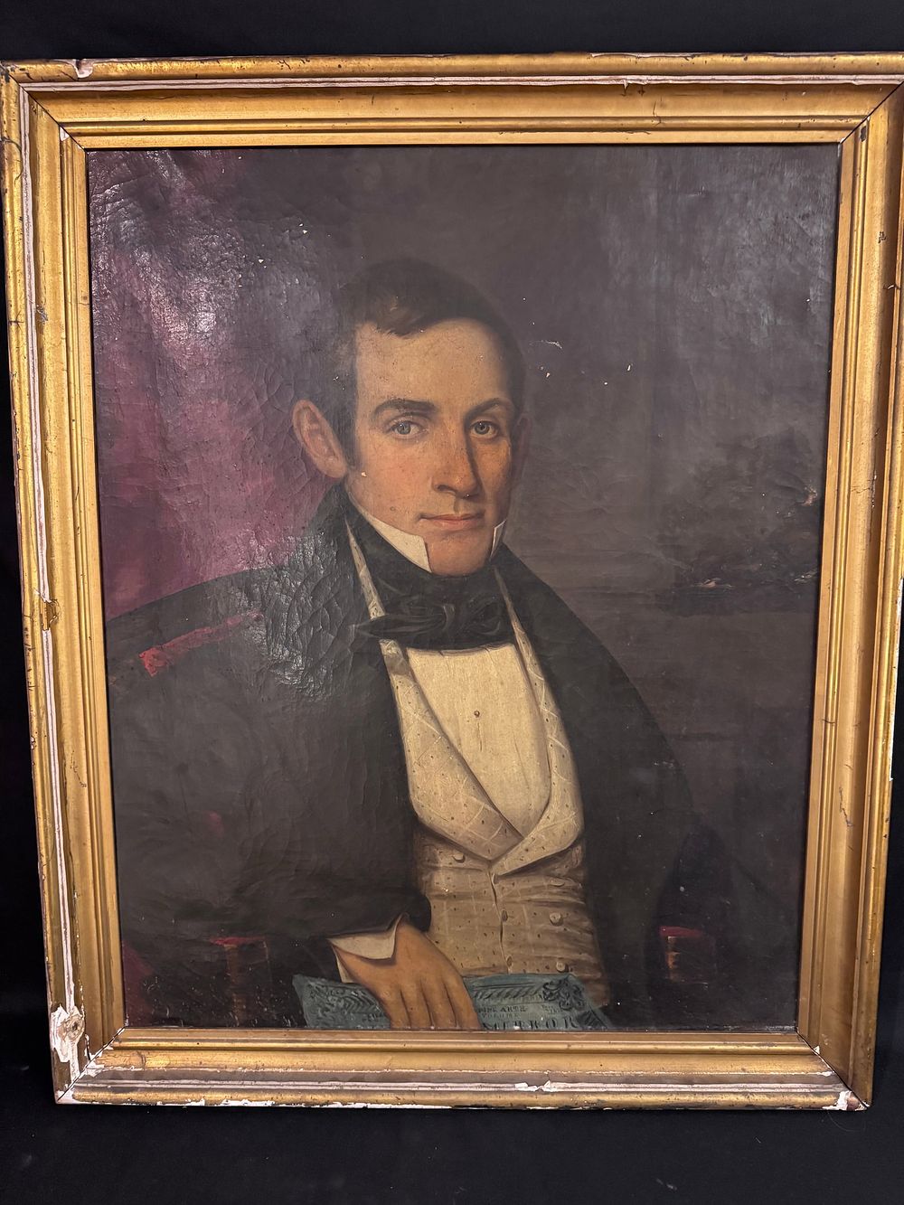 Lot 84: 19th Century School Folk Art Portrait of a Gentleman Holding a Periodical