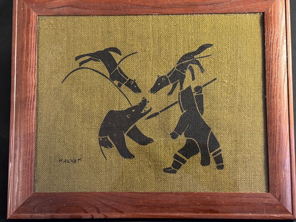 Lot 88: Helen Kalvak, Inuit Screenprint on Burlap, Polar Bear Hunt