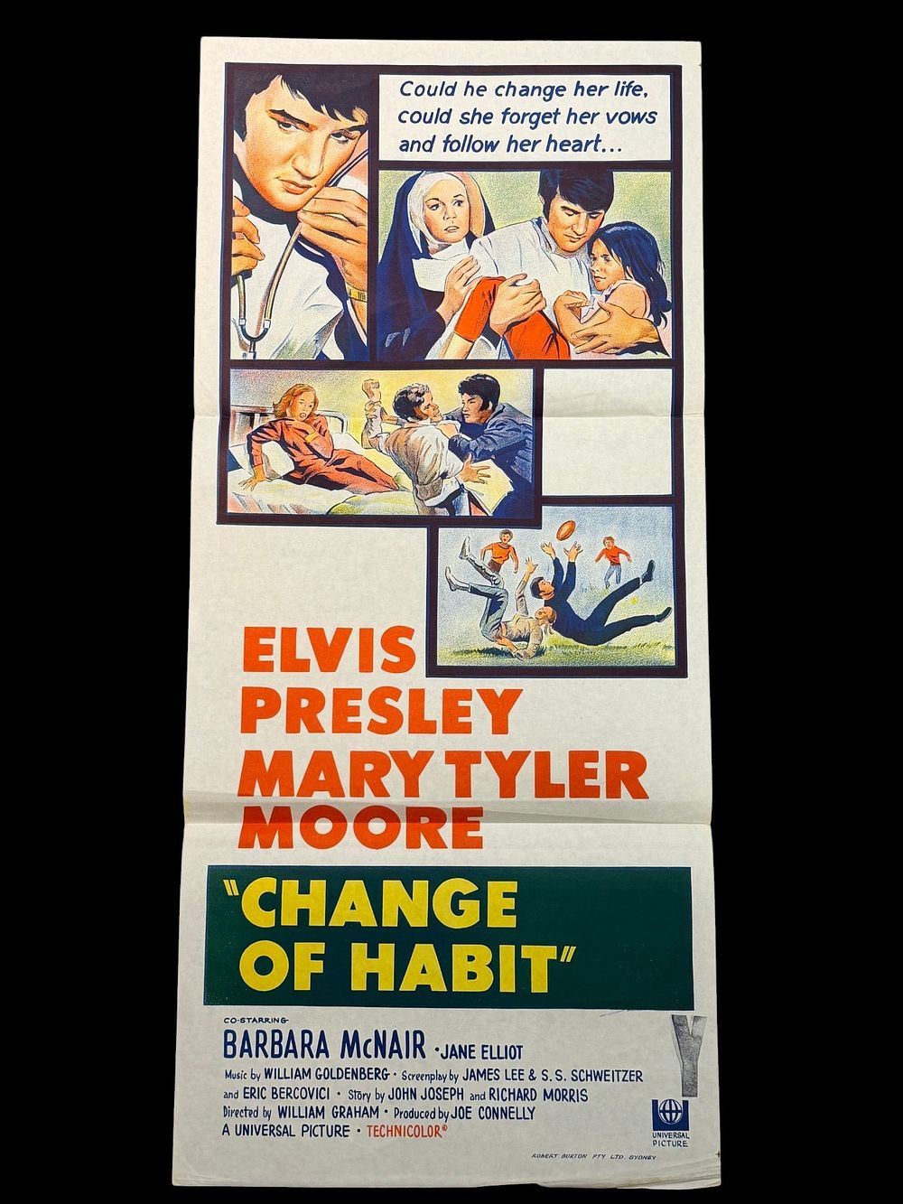 Lot 129: Original 1969 Change of Habit Australian Daybill Movie Poster Starring Elvis Presley and Mary Tyler