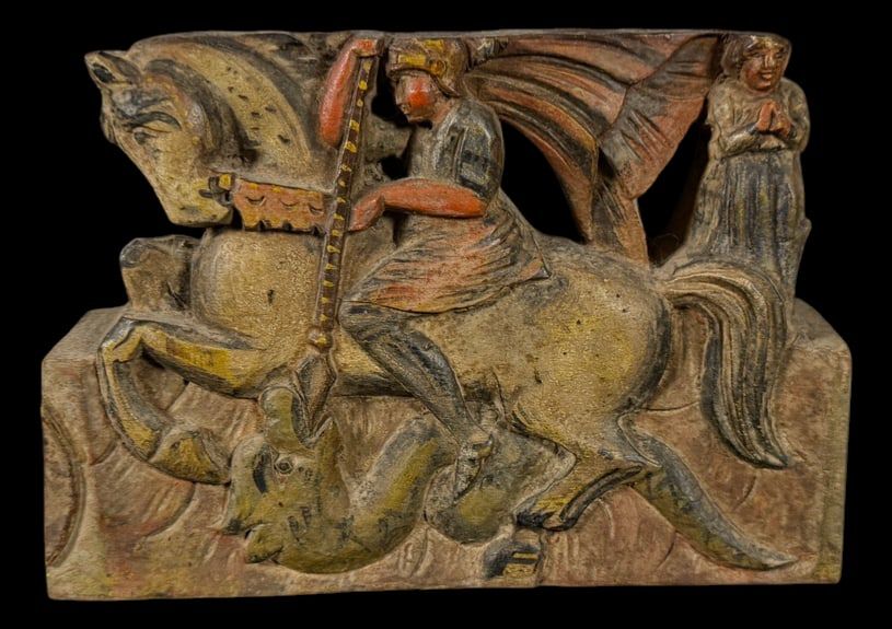 Lot 137: Antique Carved Saint George & the Dragon Panel