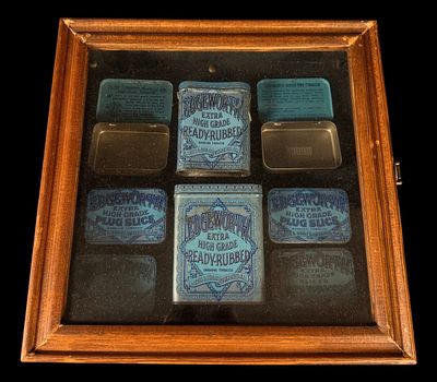Edgeworth Tobacco Tin Display. Framed display featuring vintage Edgeworth tobacco tins and 