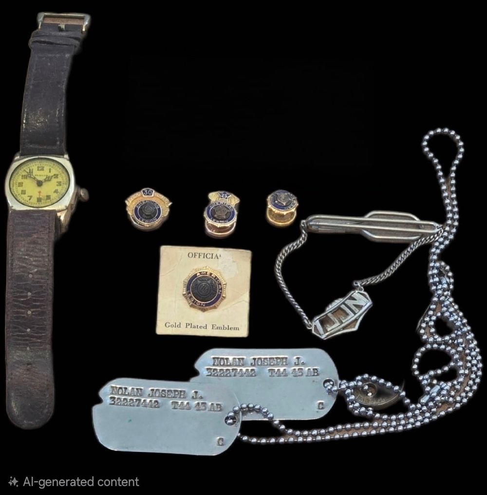 Lot 31: NAMED WWII GI GROUP: Nolan Dog Tags, Engraved
