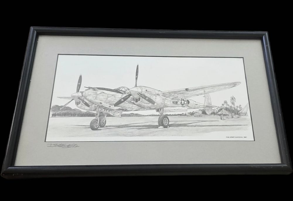 Lot 196: Signed Dewey Davidson P-38 Lightning Print '92