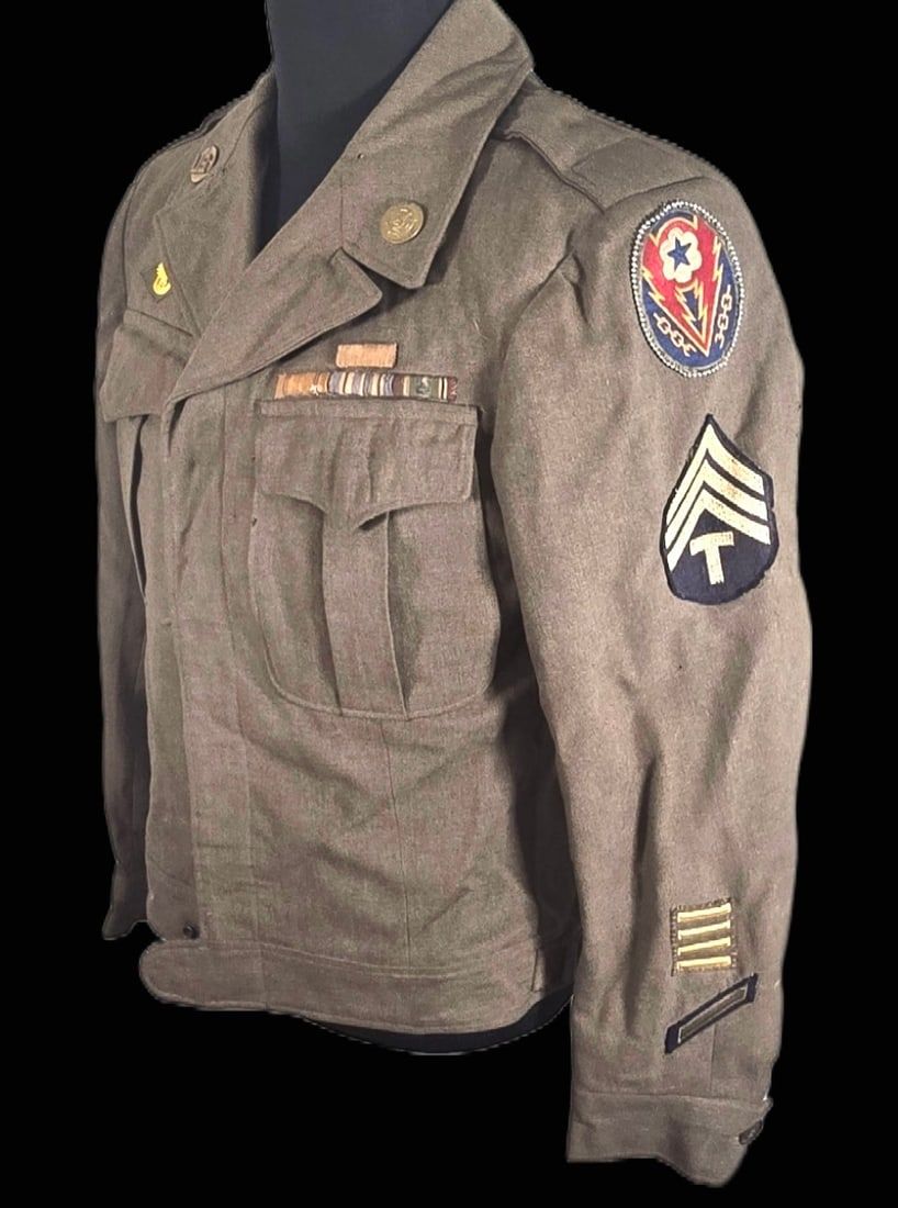 Lot 275: WWII ETO Ike Jacket with Stitched Ribbons - Named