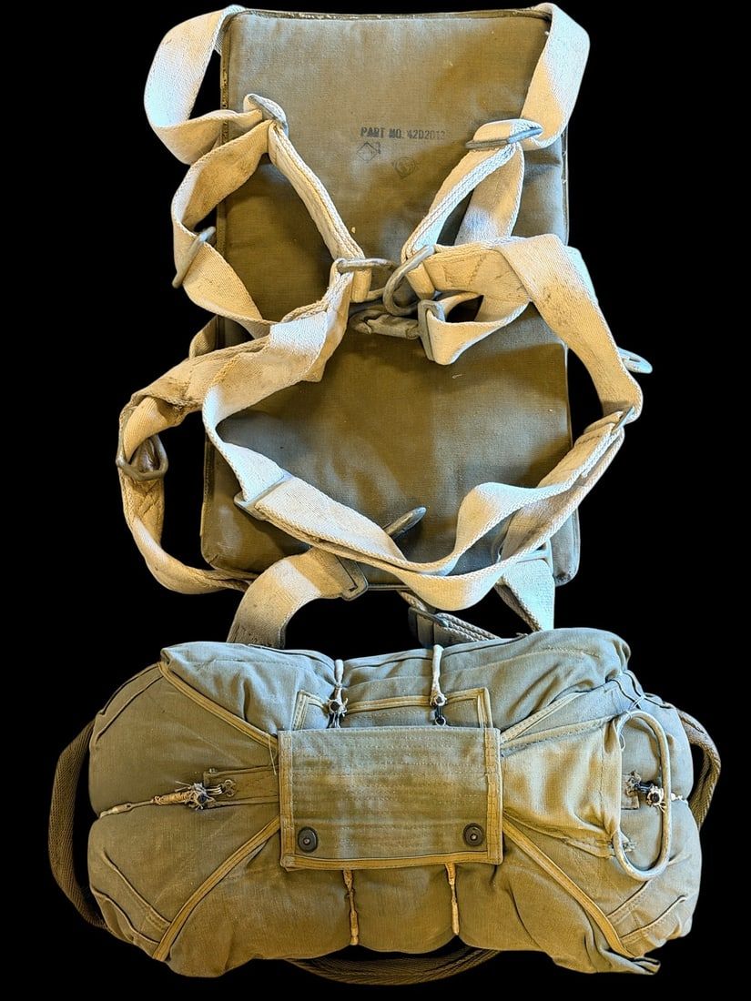 Lot 356: WWII QAC Chest Parachute Harness & Camo Canopy