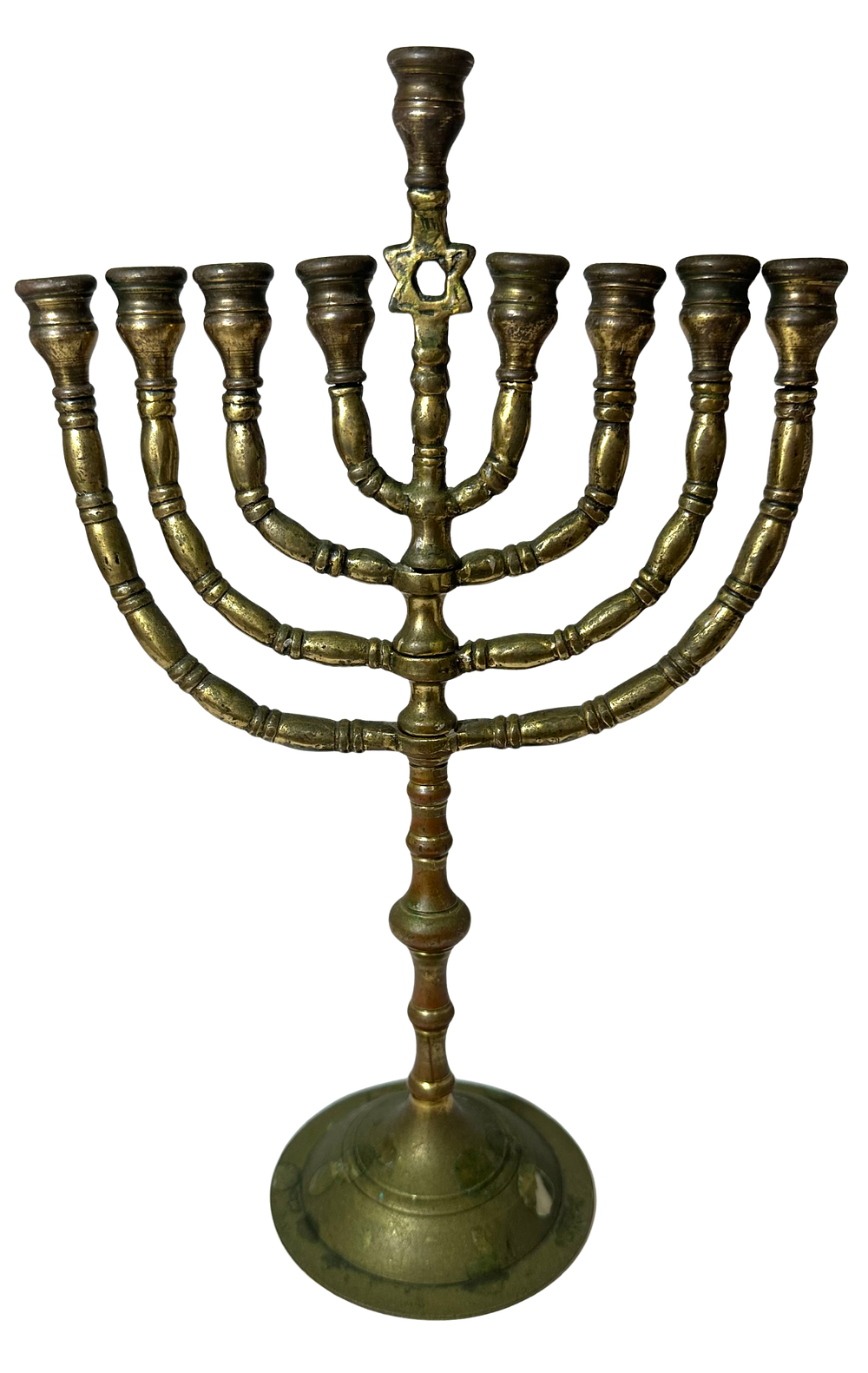 חנוכיית ברונזה וינטג' תוצרת ישראל עבודת בלט עדינה , מגן דוד על שמש. 30 ס"מ גובה מקסימלי, פריט 