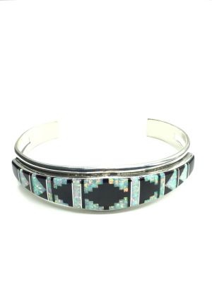 Zuni handmade bracelet cuff. Sterling Silver cuff featuring opal and onyx inlay. 22.70 grams of 