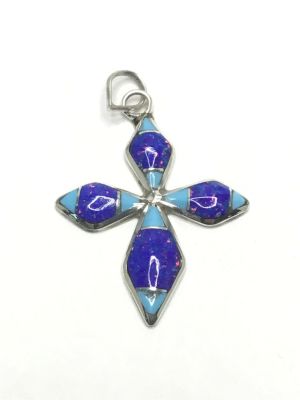 Zuni handmade pendant. Sterling silver cross pendant with turquoise and Opal inlay. 2.15 grams 