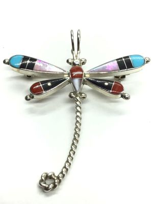 Zuni handmade brooch. Sterling silver Zuni dragonfly brooch featuring multiple stone inlay. 4.17 