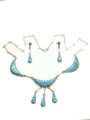 Zuni handmade jewelry set. Sterling silver handmade necklace and earrings featuring turquoise 