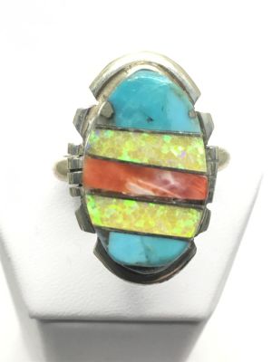 Navajo handmade ring. Sterling silver ring with multiple stone inlay. 5.62 grams total weight. 