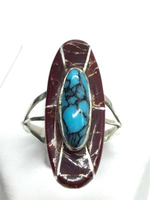 Navajo handmade ring. Sterling silver handmade ring featuring jasper inlay and turquoise stone. 