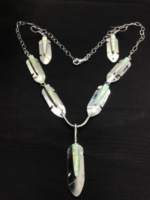 Navajo handmade jewelry set. Sterling Silver Necklace and earring set featuring white opal 