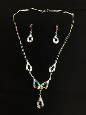 Zuni handmade jewelry set. Sterling silver jewelry set featuring multiple stone inlay. 17.34 