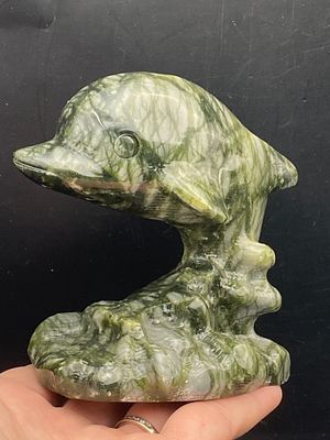 Rock, Crystal, Natural, Decor, Collectible, Carving, Dolphin. Nephrite Jade Carving: Dolphin 4"