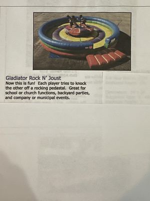 Rock N Joust 2. 2014 | Mfr. Cutting Edge | SN PS 033 | L24 W28 H4 | Comes with a blower
