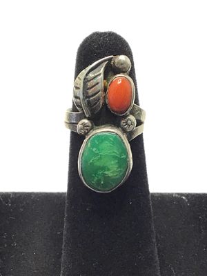 Artisan made ring. Sterling silver ring with variscite and red coral stones. 7.54 grams total 
