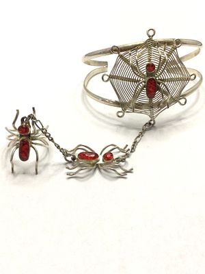 Artisan made slave Bracelet. Sterling silver slave bracelet with red crushed stone inlay. 21.64 