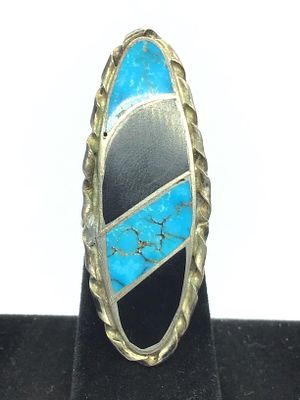 Navajo handmade ring. Sterling silver ring featuring turquoise and onyx inlay. 13.10 grams of 