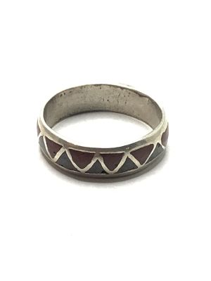 Artisan handmade ring. Sterling silver ring with pulverized turquoise and red coral inlay. 6.80 