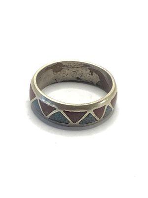 Artisan handmade ring. Sterling silver ring with crushed turquoise and red coral inlay. 6.81 