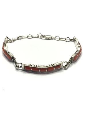 Zuni handmade bracelet. Sterling silver bracelet with red coral inlay. 9.41 grams total weight. 