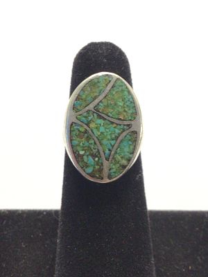 Artisan handmade ring. Sterling silver ring featuring crushed turquoise inlay. 8.41 grams of 