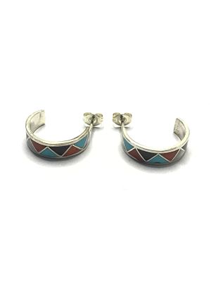 Zuni handmade earrings. Sterling silver half hoop earrings with multiple stone inlay. 3.15 grams 