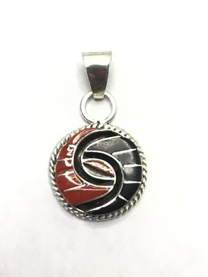 Zuni handmade pendant. Sterling silver pendant with onyx and coral inlay. 6.23 grams total 