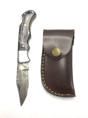 Damascus folding knife with sheath. 3 inch blade length.