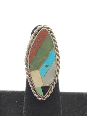 Artisan handmade ring. Sterling silver ring with multiple stone inlay. 11.53 grams total weight. 